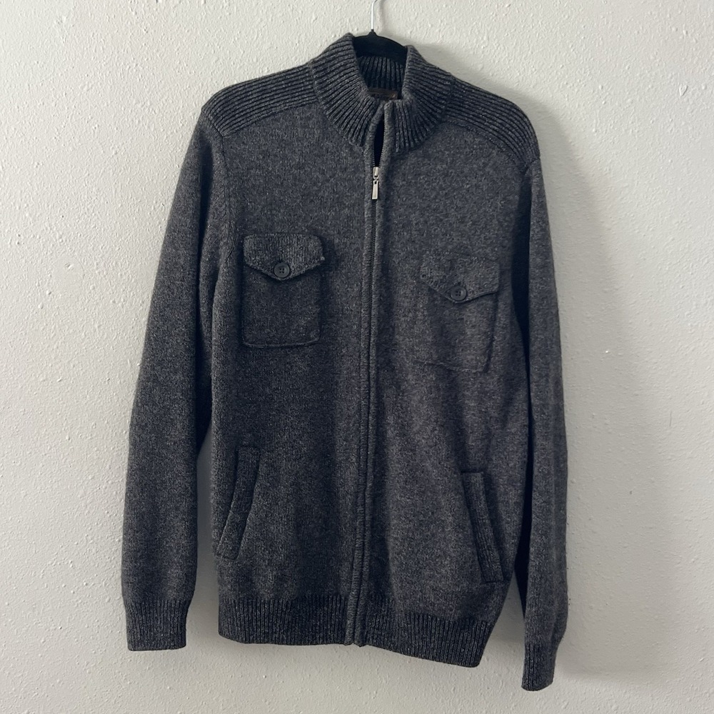 100%‎ Wool Sweater XL Gray Full Zip Knit Jacket Timeless Pronto Uomo Blue